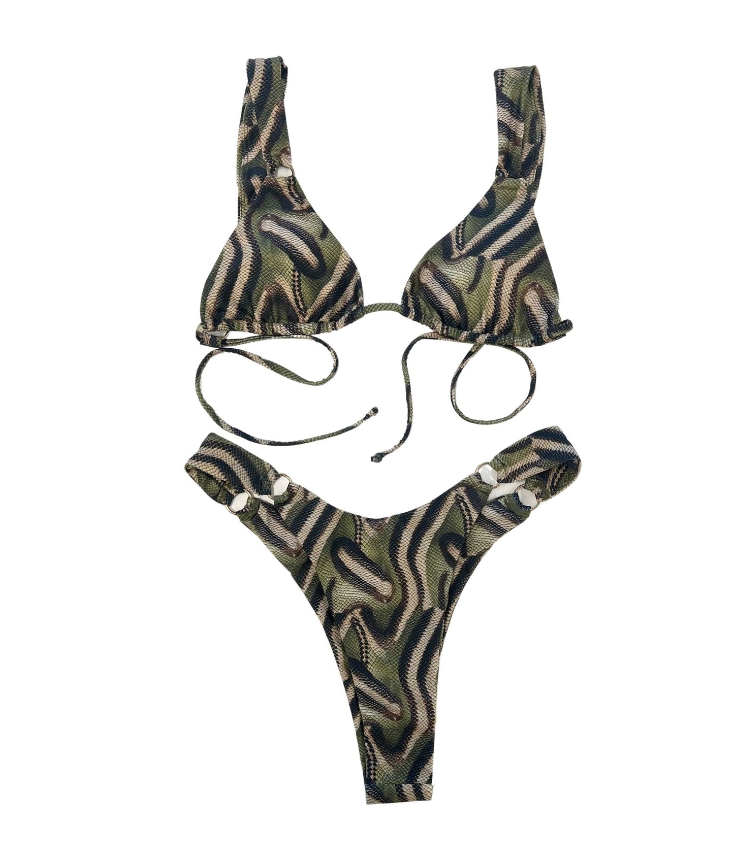 The Jungle Bikini, a bold and beautiful swimwear choice that showcases a striking snake print design. This unique bikini exudes confidence and style, making it perfect for those who want to stand out. Accented with chic gold ring details, it adds a touch of luxury to your beach look. Whether you're sunbathing or enjoying a day by the pool, The Jungle Bikini ensures you turn heads and make a statement wherever you go this summer!