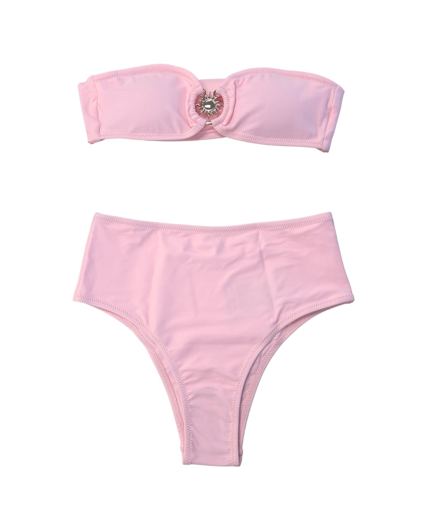 The Polly Pocket Bikini, inspired by vintage swimwear with a delightful retro-chic flair. This charming baby pink bikini features a bandeau-style top adorned with stunning gold hardware, adding a touch of elegance to your look. The high-waisted bottoms provide full coverage while flattering your silhouette, ensuring you feel confident and stylish. Perfect for channeling nostalgic vibes, The Polly Pocket Bikini is an essential addition to your summer wardrobe for fun days by the pool or beach!