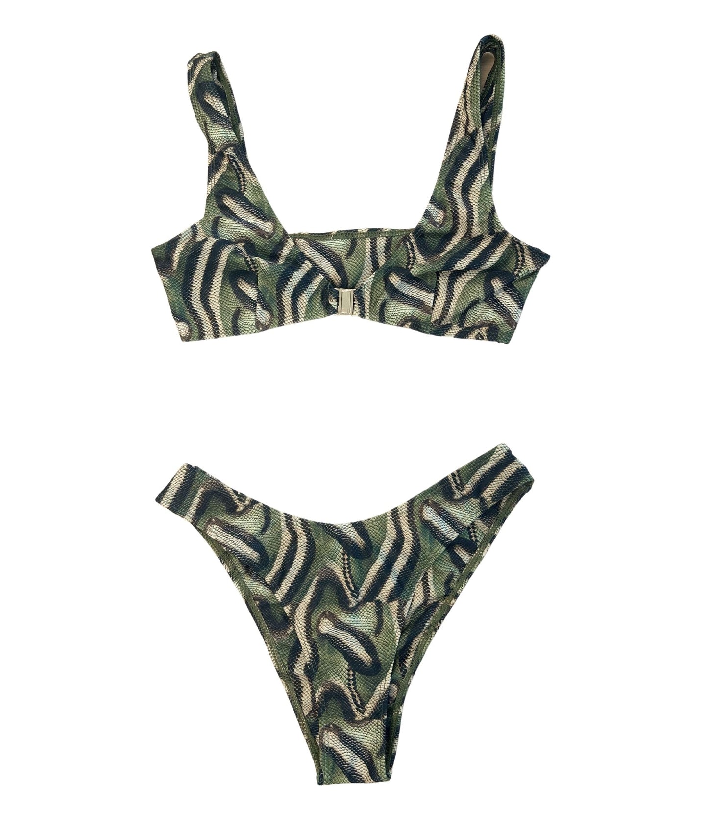 The Monty Bikini, a stunning swimwear piece featuring a bold snake print design. The top is designed with thick supportive straps and a luxe gold clasp closure, providing natural lift and comfort. The bottoms offer a modest yet flattering fit, ensuring you look your hottest while enjoying the sun. Perfect for those who want to slither into the spotlight, The Monty Bikini combines style and functionality, making it an essential addition to your summer wardrobe!