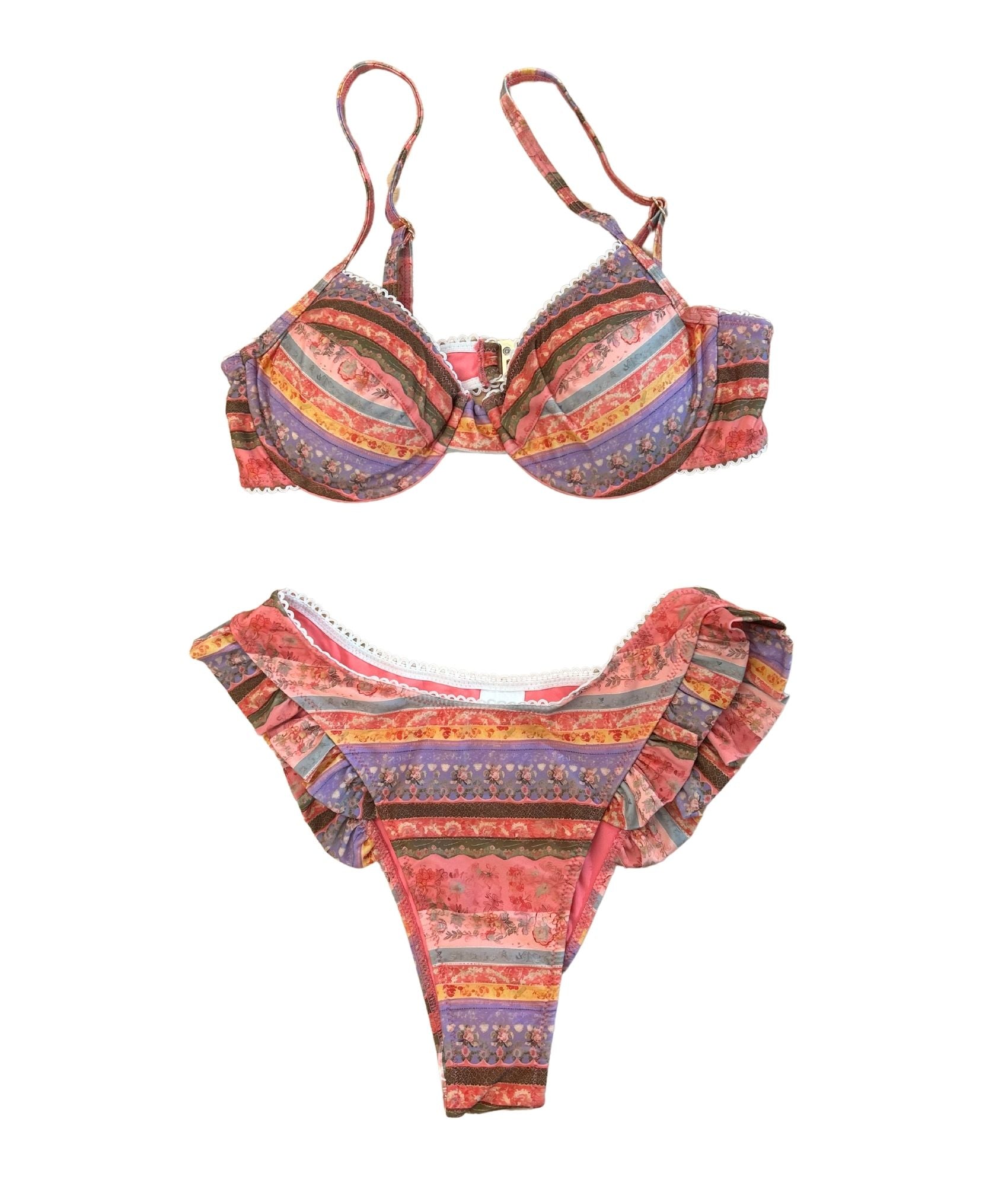 The Wallpaper Bikini, a charming and flirty swimwear option inspired by vintage style. Featuring a delightful stripe pattern in pink, orange, yellow, brown, and grey, this bikini exudes retro vibes that are perfect for summer. The charming lace detail adds a touch of femininity, enhancing its playful appeal. Designed to flatter your figure while providing comfort, The Wallpaper Bikini is the ideal choice for beach outings or poolside lounging, making you feel stylish and confident all season long!