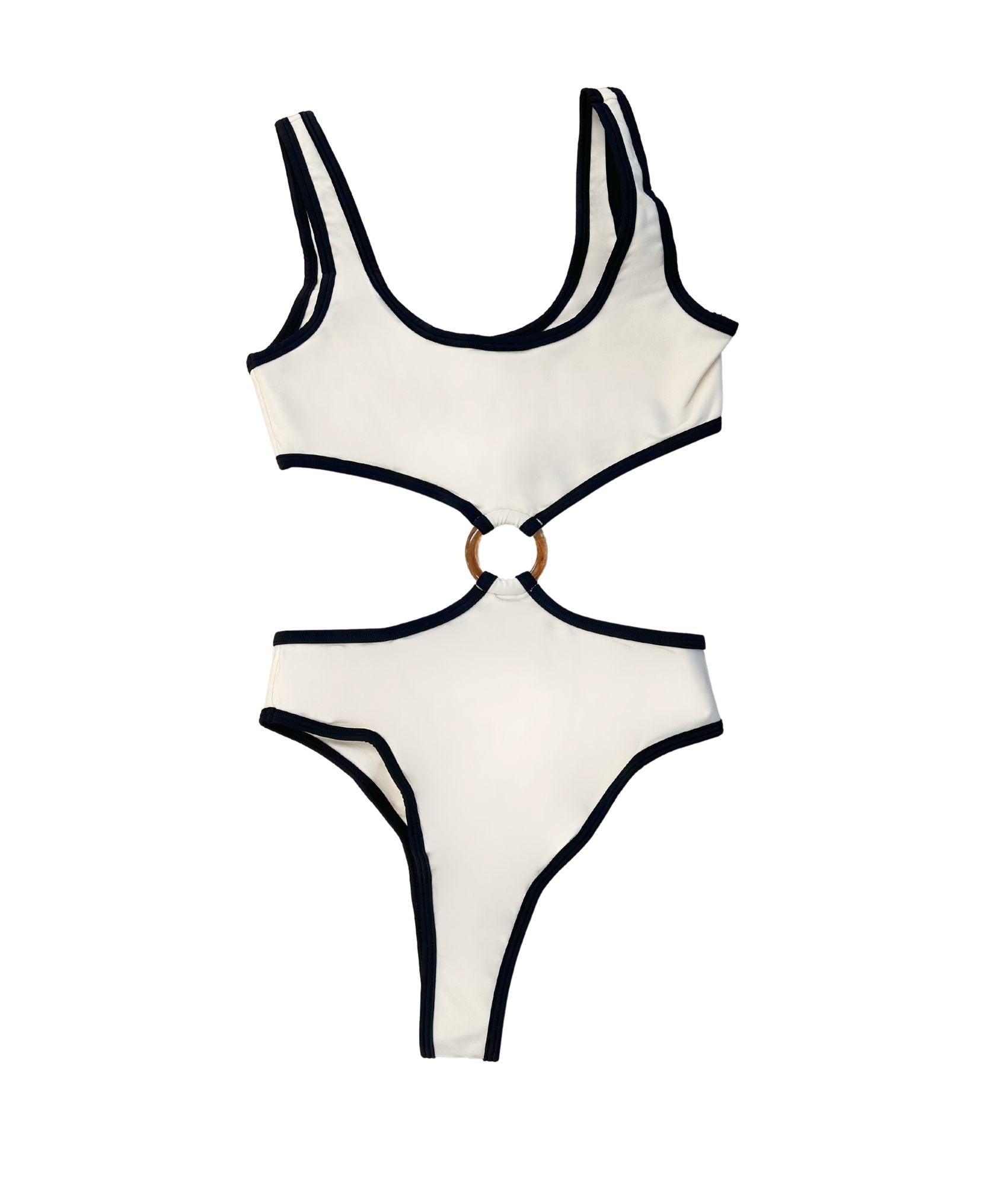 The Pepper & Salt One Piece, a sophisticated swimwear choice that embodies modern elegance. This classy design features a timeless monochrome palette of cream and black, beautifully complemented by a chic brown ring detail. Its modest cut ensures comfort while maintaining a stylish silhouette, making it perfect for any beach or poolside occasion. With its blend of sophistication and contemporary flair, The Pepper & Salt One Piece is an essential addition to your summer wardrobe!