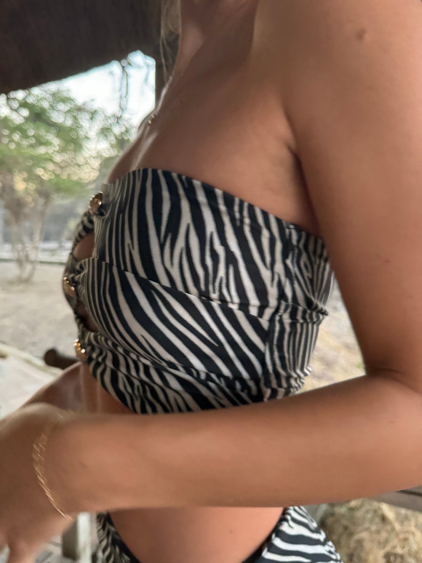 The Savute Bikini, a stunning swimwear piece featuring a bold zebra stripe pattern enhanced with luxurious gold hardware decals. The strapless bandeau top showcases stylish cut-outs, providing both support and a chic look. The cheeky bottoms are designed for comfort while ensuring you feel flirty and glamorous. Perfect for making a statement at the beach or pool, The Savute Bikini combines playful elegance with sleek design, making it an essential addition to your summer wardrobe!